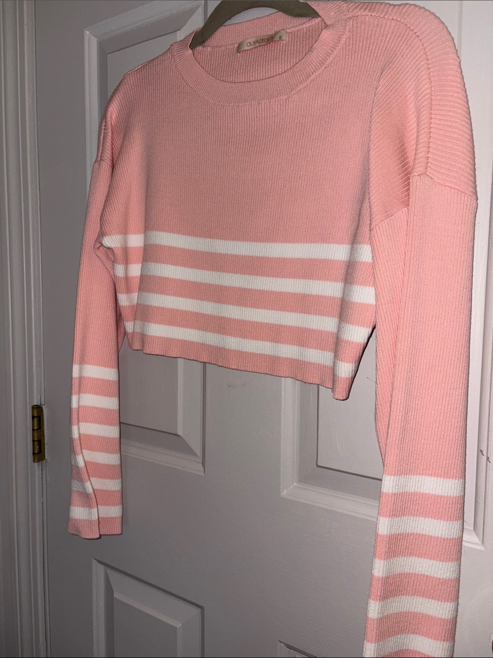 Olivaceous Pastel Pink & White Striped Cropped Crewneck Sweater